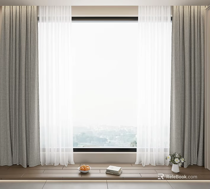 Gray Curtains With White Sheer Panels For Large Window With Fruit Bowl And Vase 3d model 