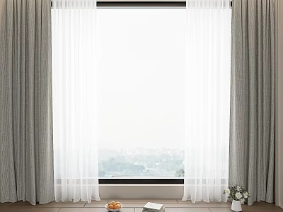 Gray Curtains With White Sheer Panels For Large Window With Fruit Bowl And Vase 3d model