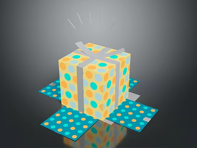 Opened Shiny Yellow Gift Box With Colorful Polka Dots Gray Ribbon And Blue Wrapping Paper 3d model