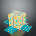 Opened Shiny Yellow Gift Box With Colorful Polka Dots Gray Ribbon And Blue Wrapping Paper