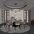 Private Dining Room Interior With Round Dining Table Upholstered Chairs Circular Chandelier And Patterned Rug 3d model
