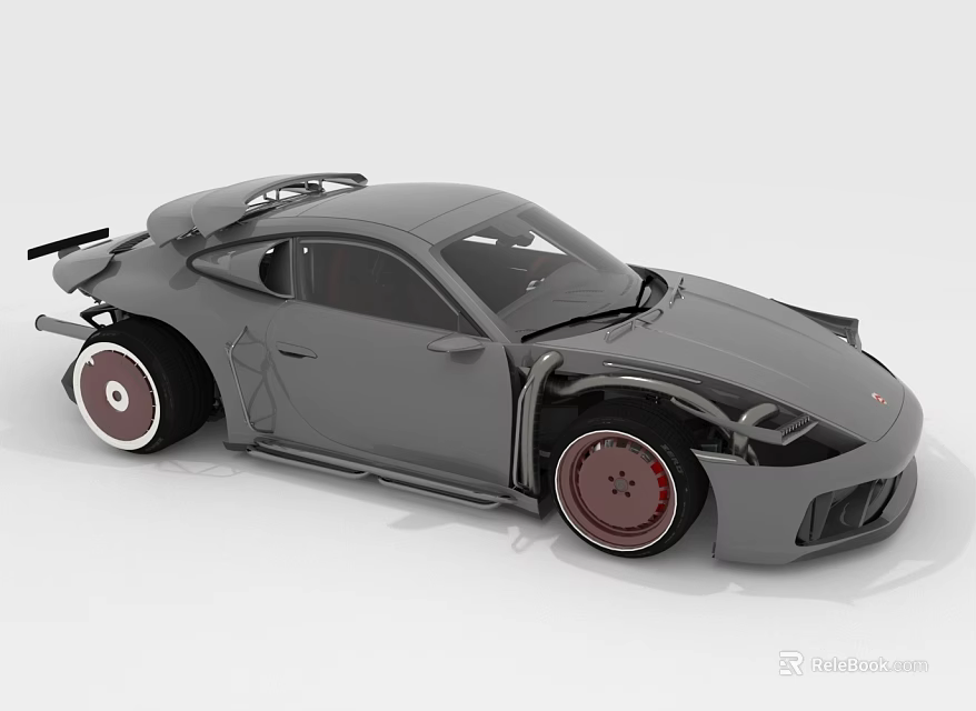 Gray Sports Car with Rear Spoiler Aerodynamic Body and Red Rims 3d model 