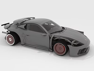 Gray Sports Car with Rear Spoiler Aerodynamic Body and Red Rims 3d model