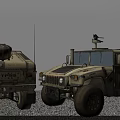 Two Military Humvees with Antennas and Roof Equipment on Gravel Ground