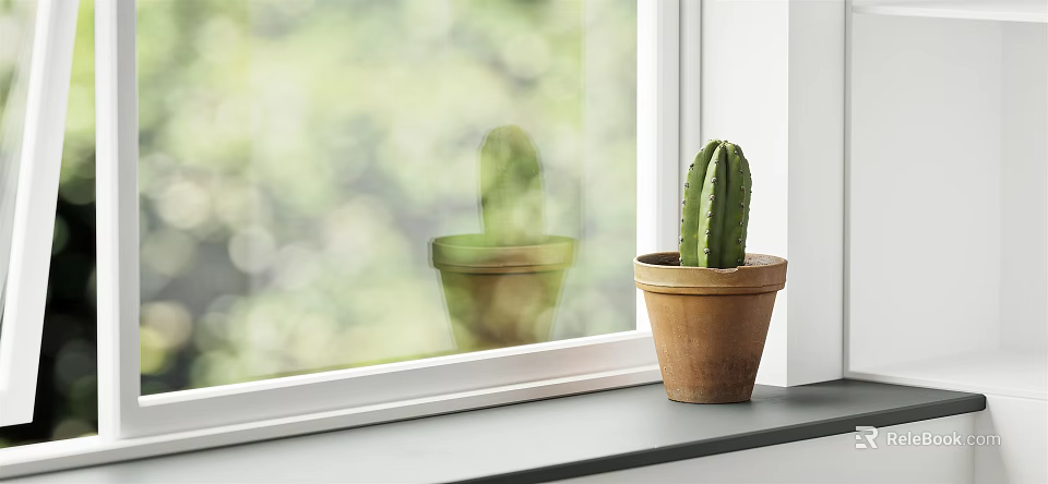 Dining Living Room Window Sill With Terracotta Pot Cactus And Green Outdoor View Interior 3d model 