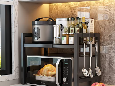 Kitchen Microwave Shelf Setup With Roasted Chicken Rice Cooker Spices And Utensils 3d model