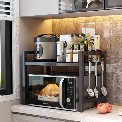 Kitchen Microwave Shelf Setup With Roasted Chicken Rice Cooker Spices And Utensils 3d model