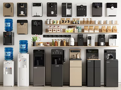 Modern Display Of Various Household Appliances With Coffee Makers And Water Dispensers 3d model