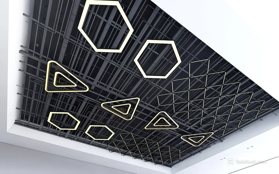 Modern Ceiling Design with Black Grid and Golden Geometric Shapes Hexagons Triangles 3d model 