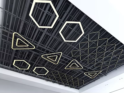 Modern Ceiling Design with Black Grid and Golden Geometric Shapes Hexagons Triangles 3d model