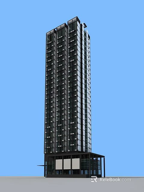 Modern High Rise Residential Building with Glass Facade and Window Design Against Blue Sky 3d model 