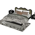 Cozy Modern Double Bed with Curved Headboard Patterned Quilt Pillows Nightstands and Decorative Rug