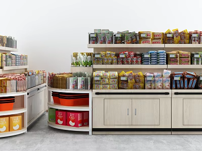 Organized Retail Display Shelves With Multi Tiered Racks Holding Snacks Beverages And Canned Goods 3d model