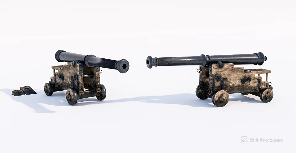 Pair of Antique Cannons With Wooden Carriage Iron Barrels And Wheels 3d model 