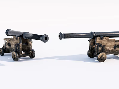 Pair of Antique Cannons With Wooden Carriage Iron Barrels And Wheels 3d model