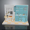 Toy Kitchen Interior Scene With Turquoise Cabinets Small Table And Utensils 3d model