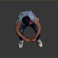 Man Squatting Wearing Bandana Denim Vest White T-shirt Blue Jeans White Sneakers On Gray Background 3d model