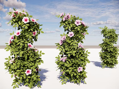 Hanging Basket Plants With Lush Greenery And Pink White Flowers Against Blue Sky 3d model