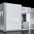Modern Exhibition Booth With White Brand Logos Display Window Light Strip Decorations And Reception Area
