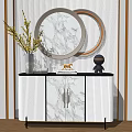 Modern Console Table Side Cabinet With Marble Surface Circular Mirror And Decorative Vase 3d model