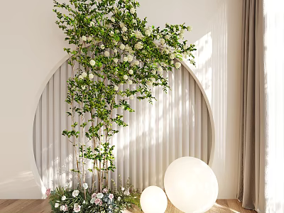 Indoor Flowering Tree with White Flowers Green Leaves Sunlight Arched Background Small Flowers and Balloons 3d model