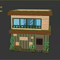 Two Story Brick Building Model with Brown Roof Beige Walls Green Plants Door and Windows