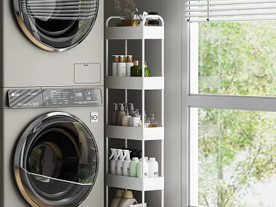 White Multi tier Storage Shelf In Laundry Room With Toiletries And Natural Light From Window 3d model