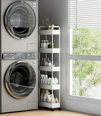 White Multi tier Storage Shelf In Laundry Room With Toiletries And Natural Light From Window 3d model