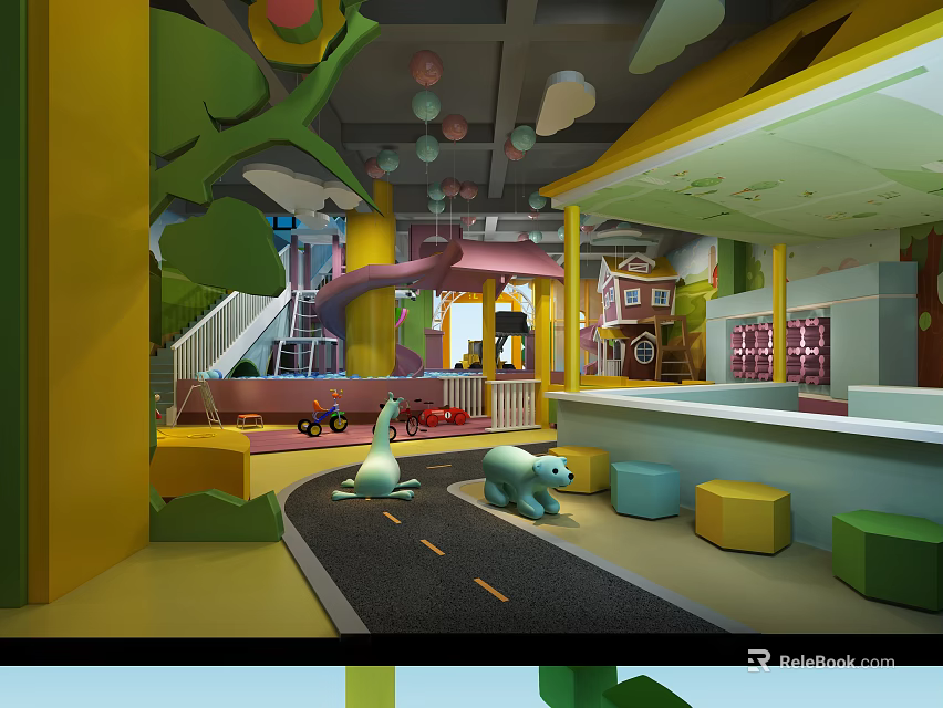 Colorful Kindergarten Interior With Play Area Slide Toys And Small House 3d model 