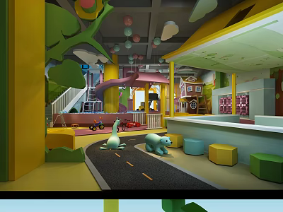 Colorful Kindergarten Interior With Play Area Slide Toys And Small House 3d model