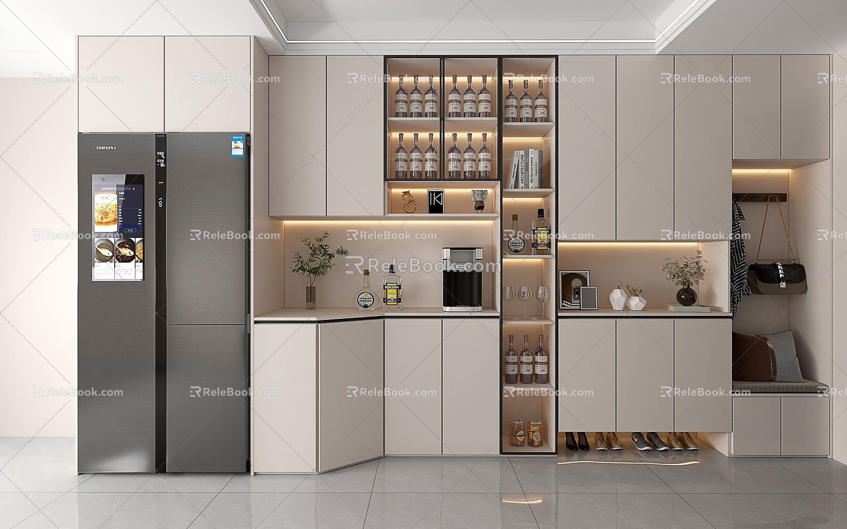 Simple Khaki Grey Entrance Entrance Shoe Cabinet Wine Cabinet Integrated Wall Side Cabinet Refrigerator Cabinet Combination Glass Door Locker model