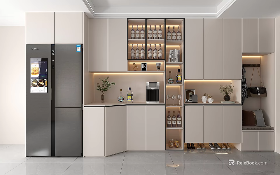 Modern Kitchen Interior With Wine Cabinet Wine Bottles Glasses Coffee Machine And Green Plants 3d model 