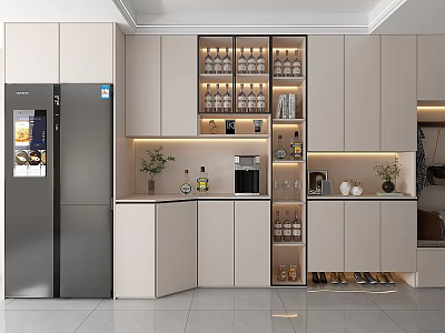 Modern Kitchen Interior With Wine Cabinet Wine Bottles Glasses Coffee Machine And Green Plants 3d model