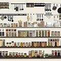 Neatly Arranged Spice Jars On Kitchen Shelves With Clear Containers For Various Spices Storage