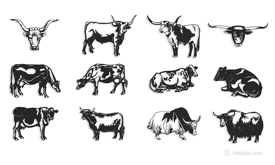 Stylish Wall Decor With Black And White Cow Patterns In Various Poses 3d model 