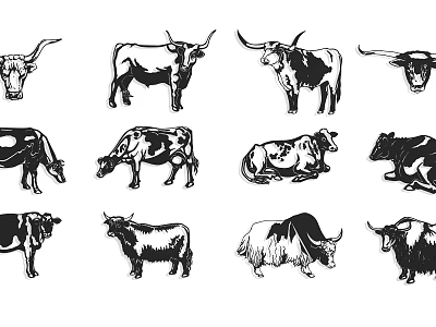 Stylish Wall Decor With Black And White Cow Patterns In Various Poses 3d model