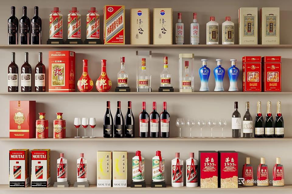 Display Of Various Wine Bottles And Glasses On Shelves With Colorful Packaging 3d model 