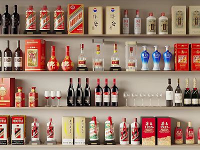 Display Of Various Wine Bottles And Glasses On Shelves With Colorful Packaging 3d model