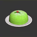 Fresh Green Cake on White Plate with Red Cherry and Green Leaf Topping