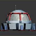 Futuristic Dome Building With Blue Gray Exterior Red Accent Bands Antenna And Steps