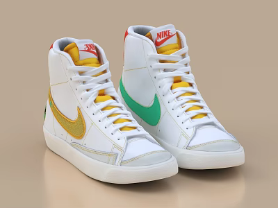 White Nike High Top Sneakers With Yellow Laces And Colorful Swoosh 3d model White Nike High Top Sneakers With Yellow Laces And Colorful Swoosh 3d model