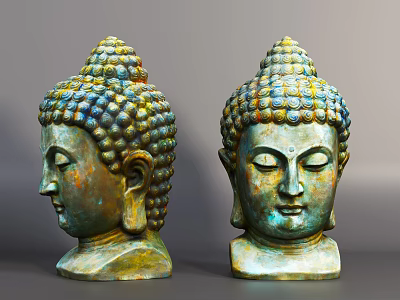 Pair of Colorful Bronze Buddha Head Sculptures With Spiral Hair And Detailed Calm Expressions 3d model