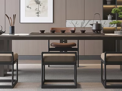 Modern Chinese Tea Table and Chairs with Tea Utensils Flower Bird Painting and Green Plants 3d model