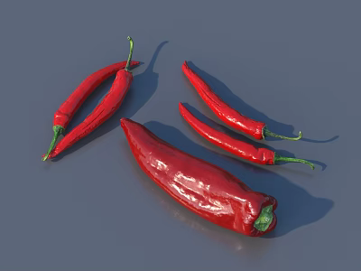 Fresh Red Chili Peppers of Various Sizes Arranged on Gray Background 3d model