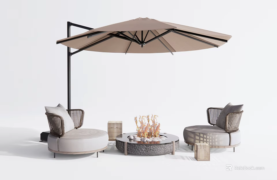 Outdoor Wicker Sofa With Pillows Fire Pit Table Umbrella And Lanterns Set 3d model 