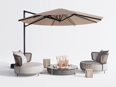 Outdoor Wicker Sofa With Pillows Fire Pit Table Umbrella And Lanterns Set 3d model