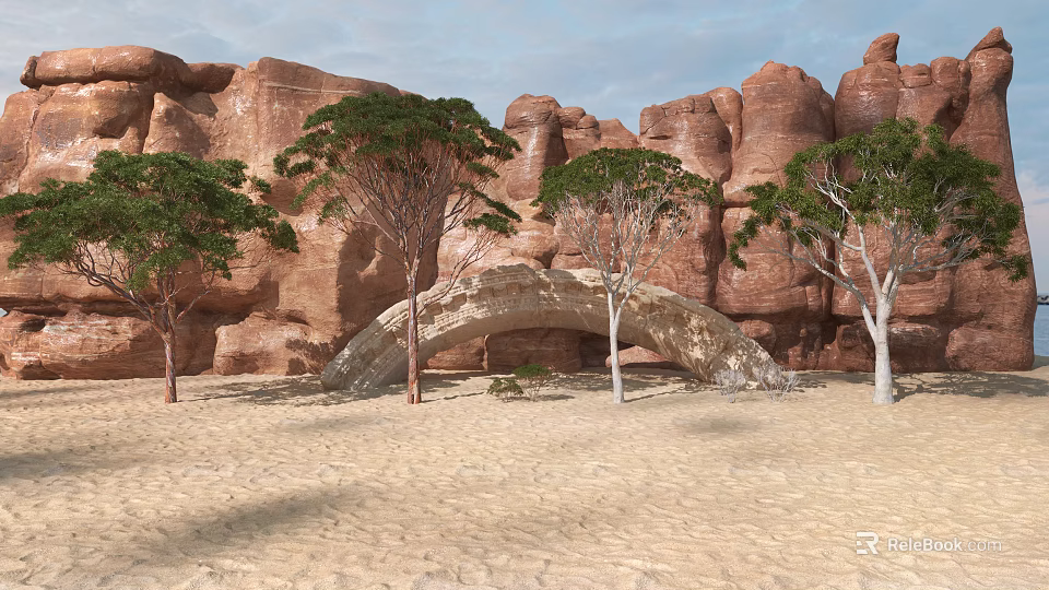 Green Trees In Rocky Mountain Landscape With Sandy Ground And Stone Arch Bridge 3d model 