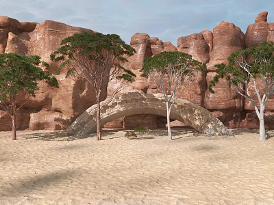 Green Trees In Rocky Mountain Landscape With Sandy Ground And Stone Arch Bridge 3d model
