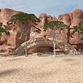 Green Trees In Rocky Mountain Landscape With Sandy Ground And Stone Arch Bridge