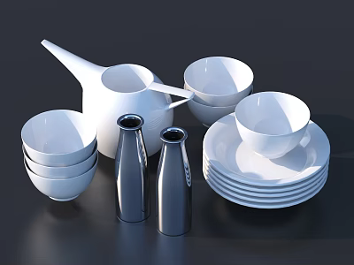 Modern Dinnerware Set Including Teapot Bowls Cups Plates And Silver Bottles 3d model